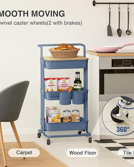 DTK 3 Tier Utility Cart with Cover Board, Rolling Cart with Lockable Wheels, Cups, Hooks for Home Office, Art Craft Storage, Home School Organization and More Uses(Blue) - LeafyLoom