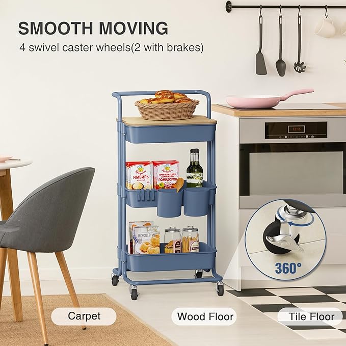 DTK 3 Tier Utility Cart with Cover Board, Rolling Cart with Lockable Wheels, Cups, Hooks for Home Office, Art Craft Storage, Home School Organization and More Uses(Blue) - LeafyLoom