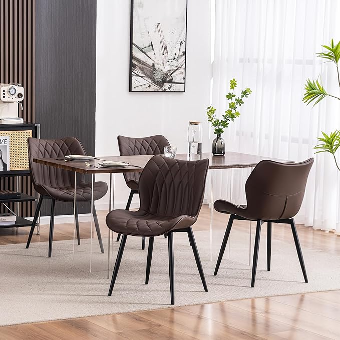 YOUNIKE Dining Chairs Set of 2, Upholstered Leather Dining Room Chairs, Modern Kitchen Chairs Living Room Bedroom Side Chairs with Wide Curved Back and Adjustable Metal Legs, Espresso Brown - LeafyLoom