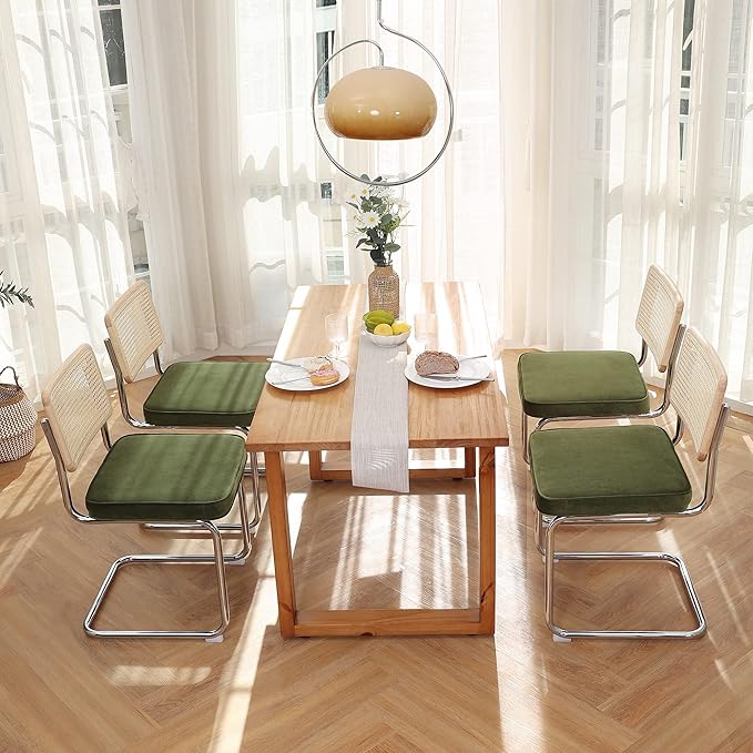 Zesthouse Dining Chairs Set of 4, Velvet Accent Chairs with Natural Cane Back & Stainless Chrome Base, Modern Mid Century Breuer Designed Chairs, Upholstered Rattan Dining Room Kitchen Chairs - LeafyLoom