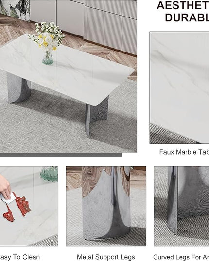 NicBex Modern Minimalist Dining Table White Imitation Marble Glass Desktop is Equipped with Silver Metal Legs Suitable for Restaurants and Living Rooms, White + Silver - LeafyLoom