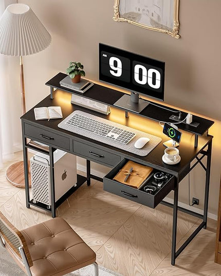 Computer Desk with Drawers and Storage Shelves, Home Office Desk with LED Lights & Power Outlets, Gaming Desk with Monitor Stand, Writing Study Desk, Kids Small Desk for Bedroom, Black - LeafyLoom