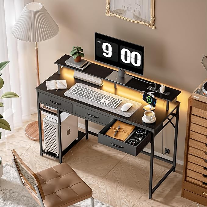 Computer Desk with Drawers and Storage Shelves, Home Office Desk with LED Lights & Power Outlets, Gaming Desk with Monitor Stand, Writing Study Desk, Kids Small Desk for Bedroom, Black - LeafyLoom