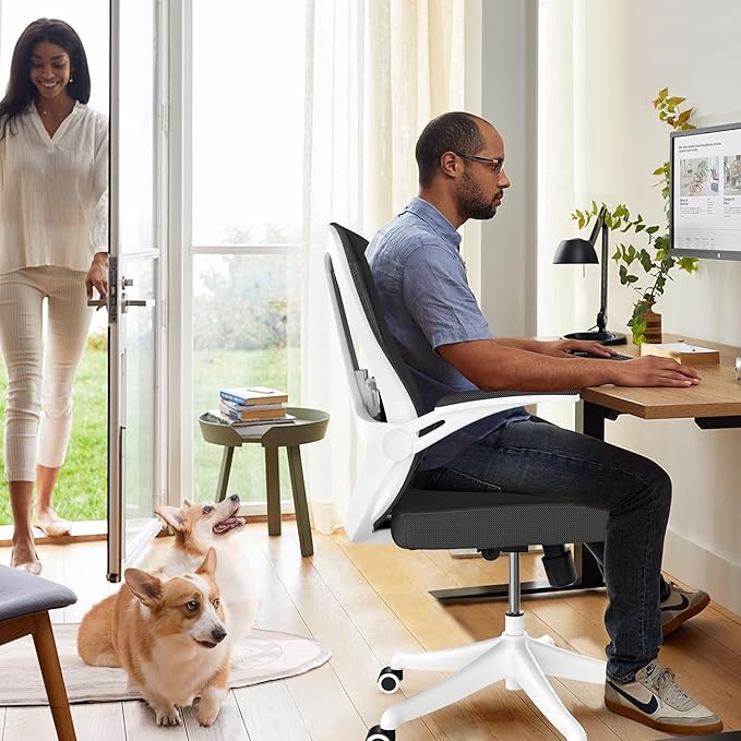 Office Chair with 350LBS Capacity,Ergonomic Comfort Home Desk Chair,Mid Back Gaming Chair with Wheels, Adjustable Height, Lumbar Support,Flip-up Armrest - LeafyLoom
