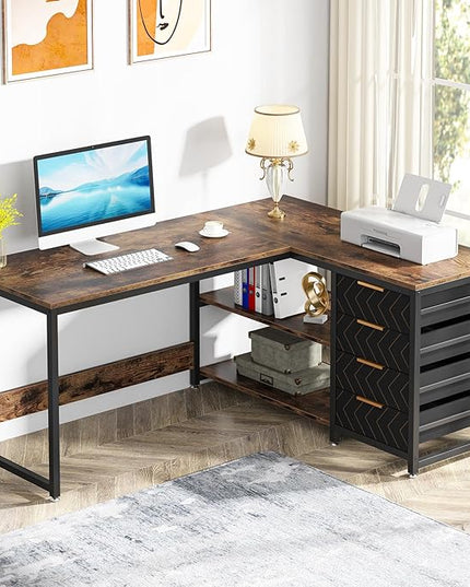 59-Inch L Shaped Desk with Drawers, Large Computer Desk with Storage Shelves, Reversible L-Shaped Corner Desk Workstation for Home Office - LeafyLoom