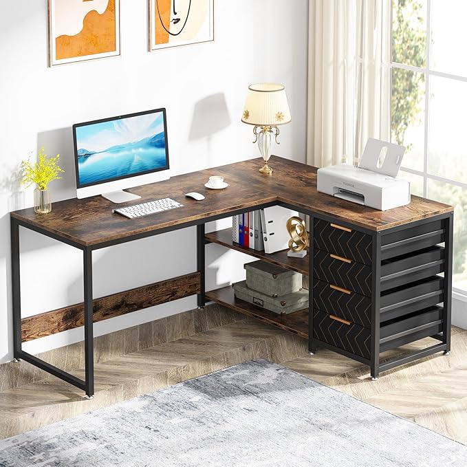 59-Inch L Shaped Desk with Drawers, Large Computer Desk with Storage Shelves, Reversible L-Shaped Corner Desk Workstation for Home Office - LeafyLoom