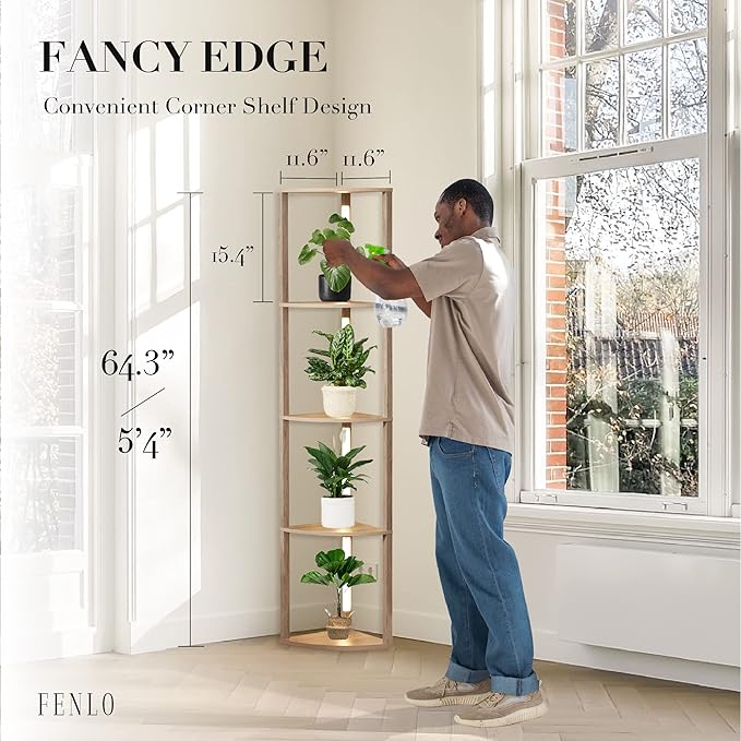FENLO Fancy - LED Display Shelf with Dimmable Lights, LED Shelf Floor Lamps for Living Room, Sturdy Corner Shelf Curio Cabinet Display, Tall Floor Lamps with Shelves - LeafyLoom