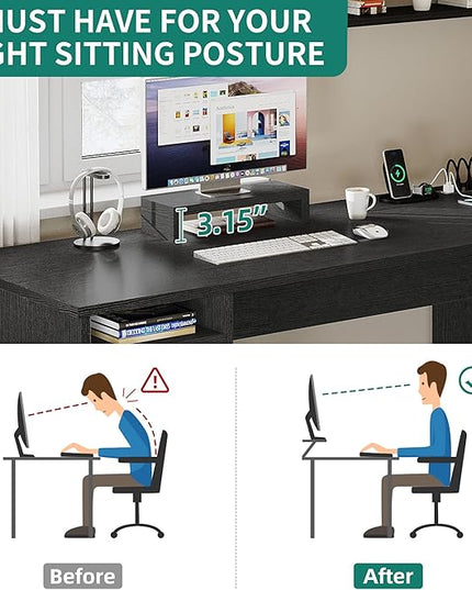 YITAHOME L Shaped Desk with Power Outlets, 60 Inch Computer Desk Corner Desk with File Drawer, Home Office Desk with Monitor Stand & Storage Shelves, L-Shaped Desk with File Cabinet, Black - LeafyLoom