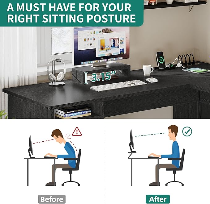 YITAHOME L Shaped Desk with Power Outlets, 60 Inch Computer Desk Corner Desk with File Drawer, Home Office Desk with Monitor Stand & Storage Shelves, L-Shaped Desk with File Cabinet, Black - LeafyLoom