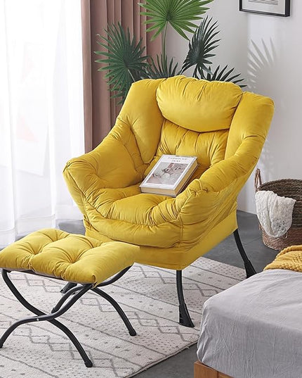 Welnow Lazy Chair with Ottoman, Modern Lounge Accent Chair with Armrests and a Side Pocket, Leisure Sofa Chair Set, Reading Chair with Footrest for Small Space, Corner Chair, Yellow - LeafyLoom