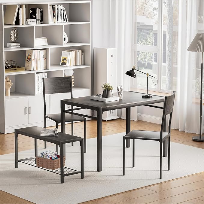 Kitchen Table and 2 Chairs for 4 with Bench, 4 Piece Dining Sets for Small Space, Grey - LeafyLoom