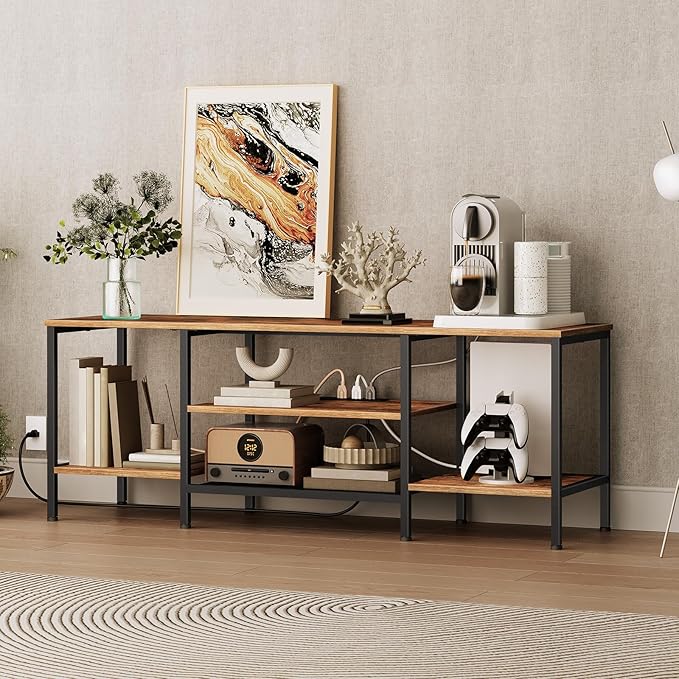 HOOBRO TV Stand with Power Outlets to 65 Inches, TV Console Table with Open Storage Shelves, Industrial Media Entertainment Center for Living Room Bedroom, Rustic Brown and Black BF40DS01 - LeafyLoom