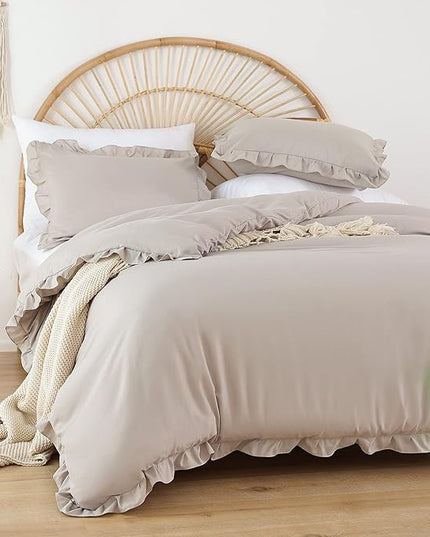 JANZAA King Size Ruffled Comforter Set Soft Vintage Farmhouse Bed Set Shabby Fluffy 3PCS Bedding (1 Oatmeal Comforter Set and 2 Pillowcases) - LeafyLoom