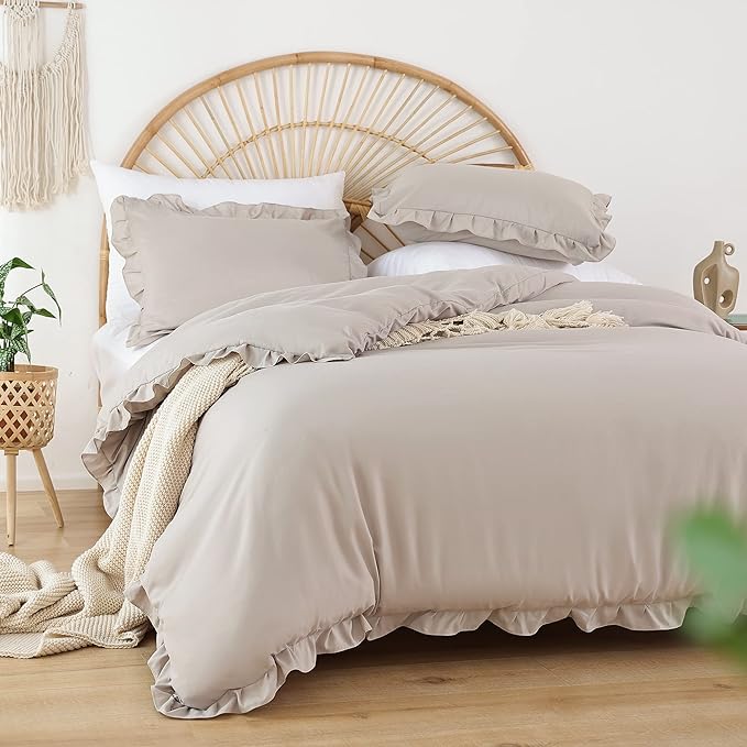 JANZAA Queen Comforter Set Oatmeal Comforter for Queen Size Bed 3PCS (1 Ruffle Comforter and 2 Pillowcases) Vintage Shabby Chic Bedding Soft Fluffy Comforter Set All Season - LeafyLoom