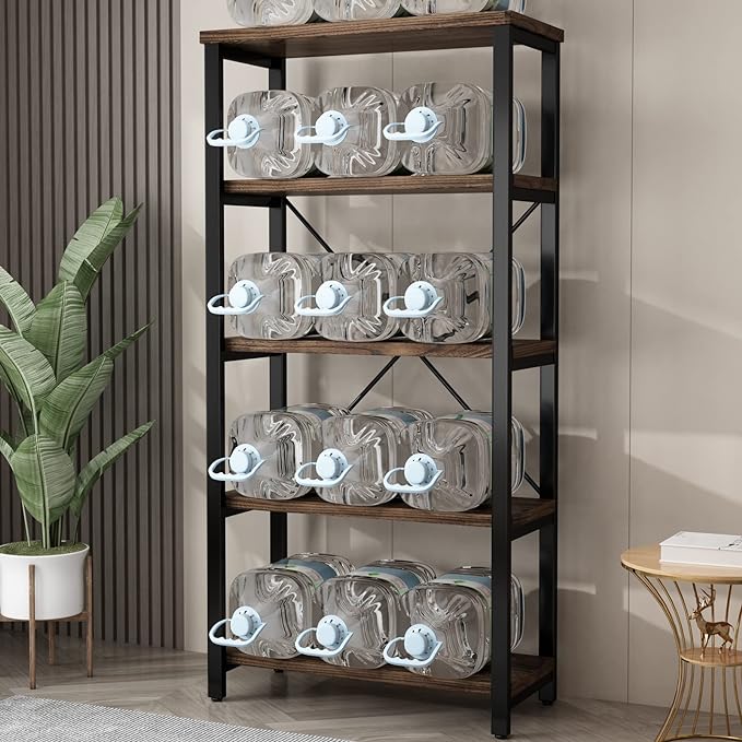 5 Tier Industrial Solid Wood Bookshelf, Open Etagere Bookcase with Metal Frame, Vintage Industrial Style Bookcase/Metal and Wood Bookshelf Furniture (AY01-5tier) - LeafyLoom
