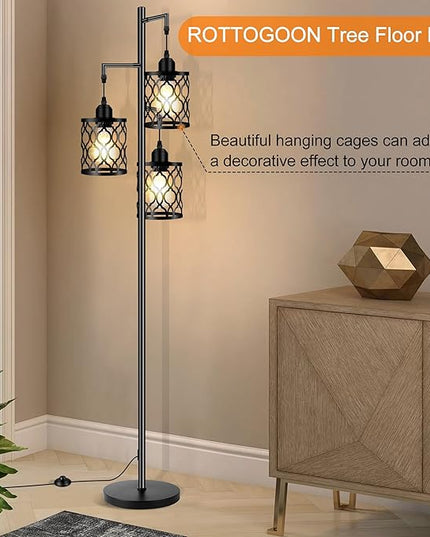 Industrial Floor Lamp, Metal Farmhouse Floor Lamp for Living Room, Rustic Standing Tall Lamp with 3 Elegant Cage Heads, Tree Floor Lamp for Bedrooms, Home Office, Bar, 68", Black, Bulb Not Included - LeafyLoom