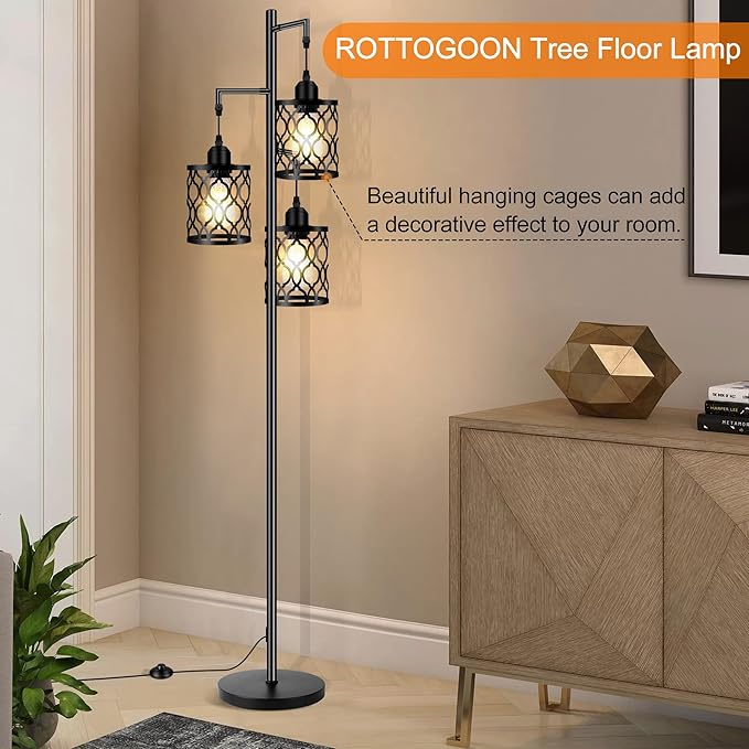 Industrial Floor Lamp, Metal Farmhouse Floor Lamp for Living Room, Rustic Standing Tall Lamp with 3 Elegant Cage Heads, Tree Floor Lamp for Bedrooms, Home Office, Bar, 68", Black, Bulb Not Included - LeafyLoom