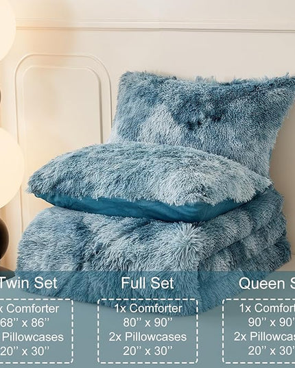 WINLIFE Shaggy Bedding Comforter Set Full Blue Faux Fur Flannel Furry Comforter Plush Comforter Sets Gradient Ombre Tie Dye Bedding for Teens Adults (3Pcs, Full, Smoke Blue) - LeafyLoom