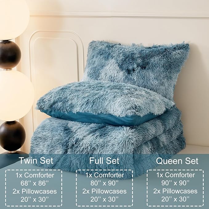 WINLIFE Shaggy Bedding Comforter Set Full Blue Faux Fur Flannel Furry Comforter Plush Comforter Sets Gradient Ombre Tie Dye Bedding for Teens Adults (3Pcs, Full, Smoke Blue) - LeafyLoom