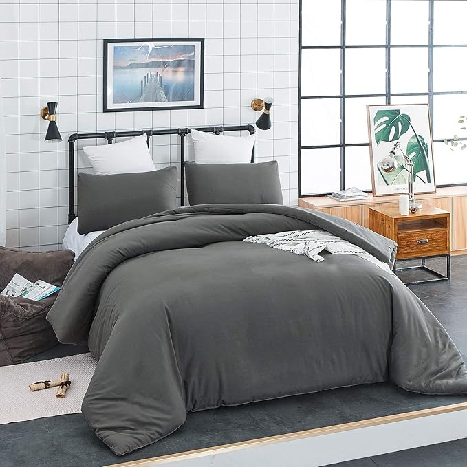 Deep Grey Comforter Set Full Dark Gray Beddig Set for Kids Teens Adult Solid Gray Color Bedding Set 3 Pieces with 2 Pollowcases Lightweight Durable Gray Full Blanket Quilts Set - LeafyLoom