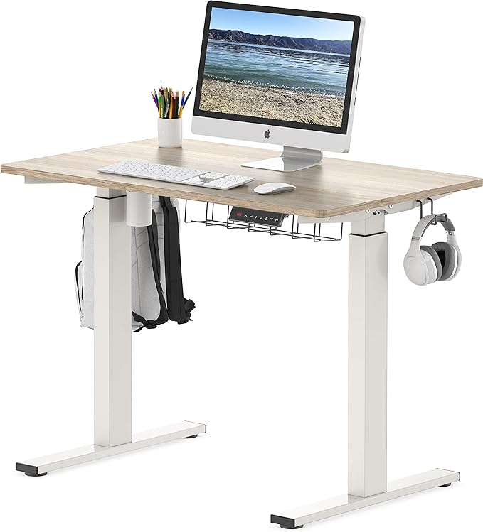 SHW Memory Preset Electric Height Adjustable Standing Desk, 40 x 24 Inches, Maple - LeafyLoom