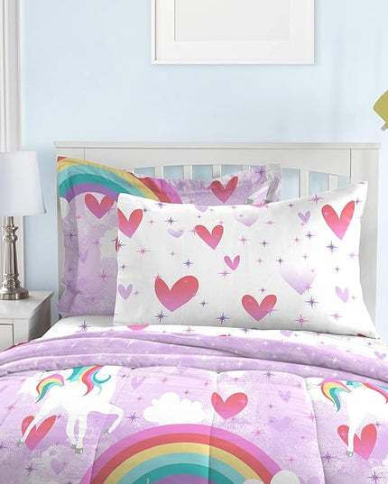 dream FACTORY Kids 7-Piece Complete Set Easy-Wash Super Soft Microfiber Comforter Bedding, Full, Purple Unicorn Rainbow - LeafyLoom