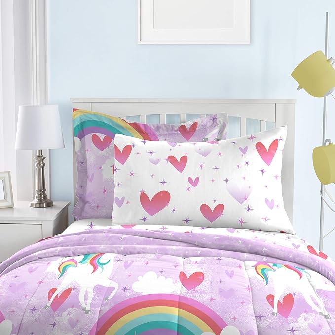 dream FACTORY Kids 7-Piece Complete Set Easy-Wash Super Soft Microfiber Comforter Bedding, Full, Purple Unicorn Rainbow - LeafyLoom