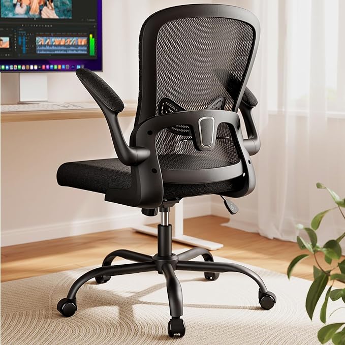 Marsail Office Chair Ergonomic-Desk Chair: Mesh Back Home Office Chair with Adjustable Lumbar Support, Computer Desk Chair with Flip-up Armrests Swivel Home Office Task Chair(Bright Black) - LeafyLoom