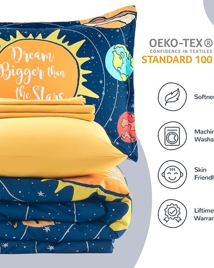SLEEP ZONE Kids 7-Piece Soft Lightweight Bed in a Bag for Boys, Include Comforter, Flat Sheet, Fitted Sheet, Pillow sham, Pillowcase, Down Alternative Comforter Set(Solar System, Full/Queen) - LeafyLoom