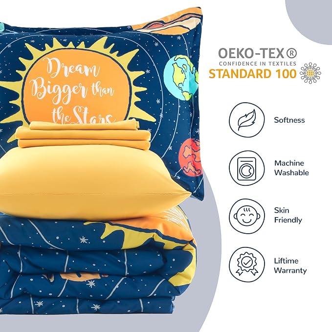 SLEEP ZONE Kids 7-Piece Soft Lightweight Bed in a Bag for Boys, Include Comforter, Flat Sheet, Fitted Sheet, Pillow sham, Pillowcase, Down Alternative Comforter Set(Solar System, Full/Queen) - LeafyLoom