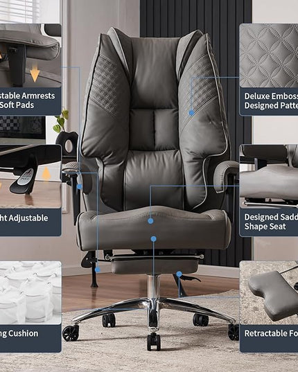 Big and Tall Office Chair 400lbs Wide Seat, Leather High Back Executive Office Chair with Foot Rest, Ergonomic Office Chair Lumbar Support for Lower Back Pain Relief (Grey) - LeafyLoom
