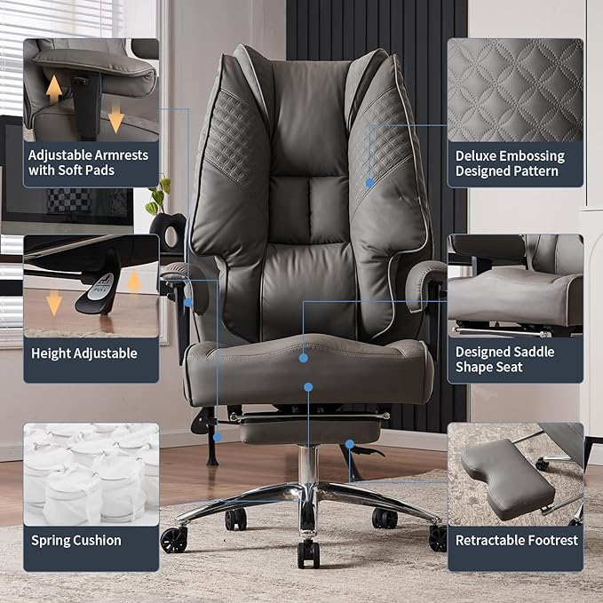 Big and Tall Office Chair 400lbs Wide Seat, Leather High Back Executive Office Chair with Foot Rest, Ergonomic Office Chair Lumbar Support for Lower Back Pain Relief (Grey) - LeafyLoom
