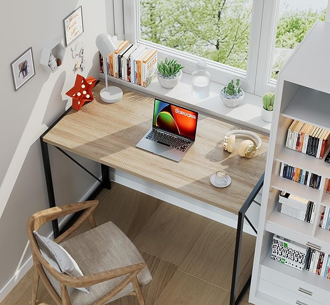 Coavas 31.5 inch Folding Desk No Assembly Required, Writing Computer Desk Space Saving Foldable Table Simple Home Office Desk, Beech - LeafyLoom