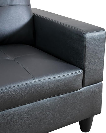 ROOMTEC Button L Shape 3 Piece Sectional Sofa Set, Upholstered Corner Couch with Storage Ottoman, Faux Leather Tufted Cushions, for Living Room, Apartment, 103inch, Black w/Right Chaise Lounge - LeafyLoom