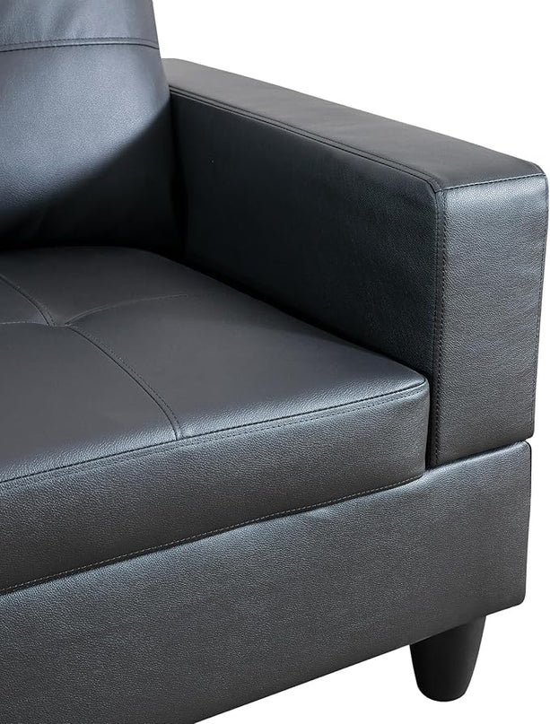 ROOMTEC Button L Shape 3 Piece Sectional Sofa Set, Upholstered Corner Couch with Storage Ottoman, Faux Leather Tufted Cushions, for Living Room, Apartment, 103inch, Black w/Right Chaise Lounge - LeafyLoom