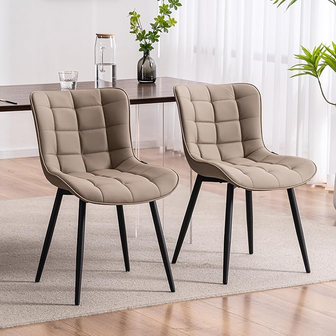 YOUTASTE Khaki Dining Chairs Set of 2 PU Leather Upholstered Modern Armless Dining Room Chair with Back Metal Legs Kitchen Dinner Accent Guest Chairs for Vanity Reception Waiting Room - LeafyLoom