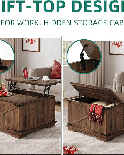 YITAHOME Farmhouse Lift Top Coffee Table, Square Wood Center Table with Large Hidden Storage Compartment for Living Room, Rustic Cocktail Table with Lift Top for Home Office,Reclaimed Barnwood - LeafyLoom