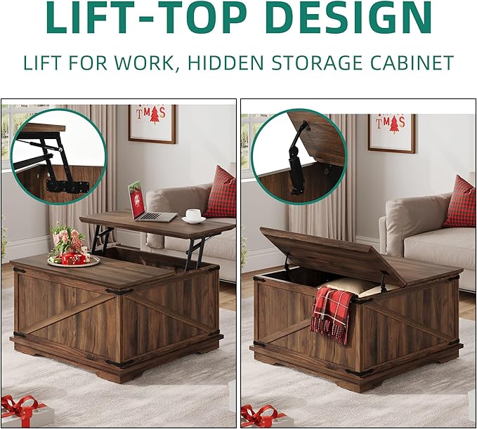 YITAHOME Farmhouse Lift Top Coffee Table, Square Wood Center Table with Large Hidden Storage Compartment for Living Room, Rustic Cocktail Table with Lift Top for Home Office,Reclaimed Barnwood - LeafyLoom