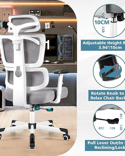 Primy Office Chair Ergonomic Desk Chair, High Back Computer Gaming Chair, Comfy Big and Tall Home Office Chair with Lumbar Support, Breathable Mesh Reclining Chair Adjustable Armrests Headrest(Gray) - LeafyLoom