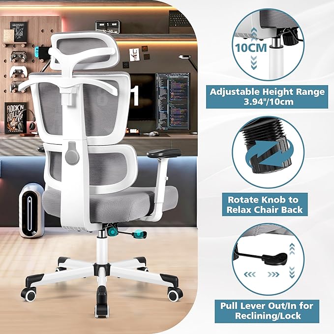 Primy Office Chair Ergonomic Desk Chair, High Back Computer Gaming Chair, Comfy Big and Tall Home Office Chair with Lumbar Support, Breathable Mesh Reclining Chair Adjustable Armrests Headrest(Gray) - LeafyLoom