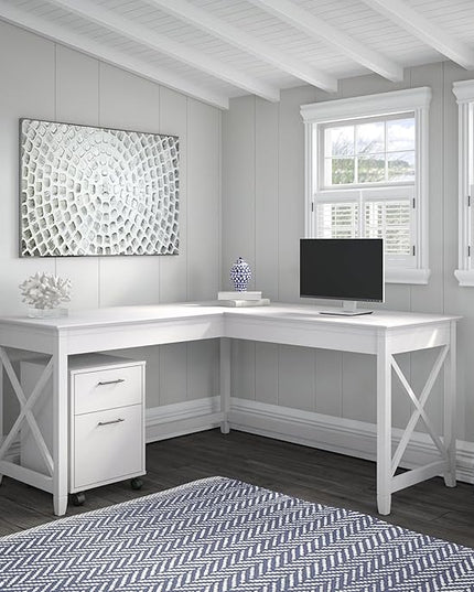 Bush Furniture Key West 60W L Shaped Desk with 2 Drawer Mobile File Cabinet in Pure White Oak - LeafyLoom