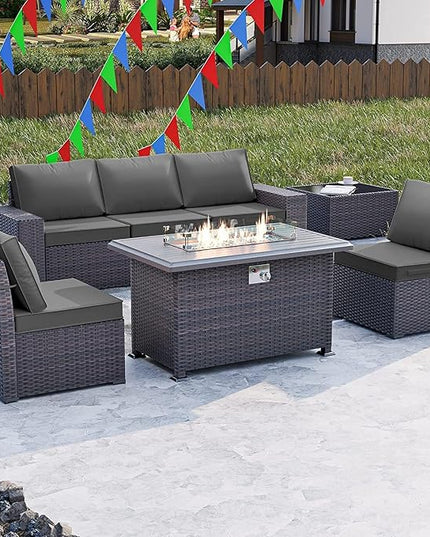Kullavik 7 PCS Outdoor Patio Furniture Set with 43" 55000BTU Gas Propane Fire Pit Table PE Wicker Rattan Sectional Sofa Patio Conversation Sets for Outdoor,Grey - LeafyLoom