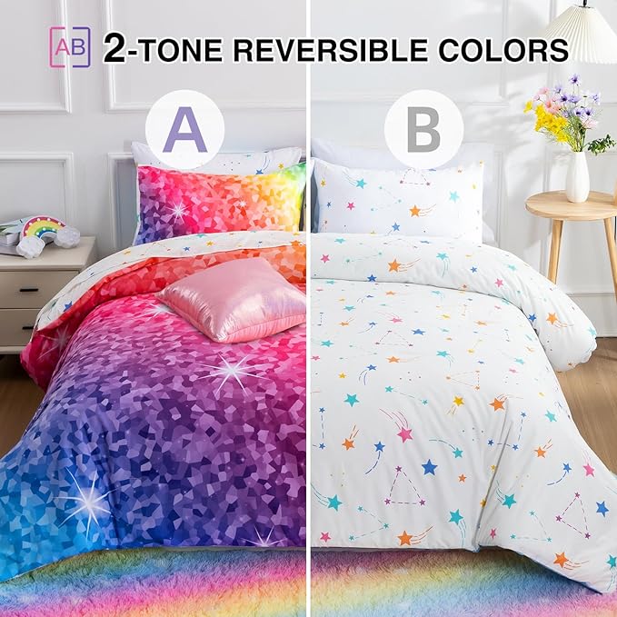 A Nice Night 6Pcs Gradient Abstract Art Grid Mosaic Geometric Bedding Set for Girls, Colorful Rainbow Galaxy Comforter Set, Ultra Soft Bedding Sets (PinkYellow,Full 6Pcs) - LeafyLoom