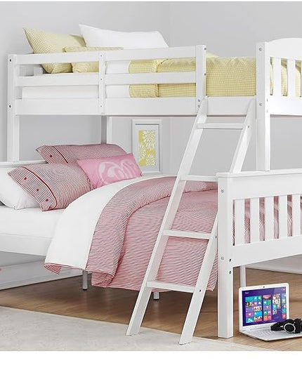 DHP Airlie Convertible Wood Bunk Bed, Stackable and Detachable Bed Frames for Kids and Teens, with Angled Ladder, High Guardrail, Wood Slats, No Boxspring Required, Twin-Over-Full, White - LeafyLoom