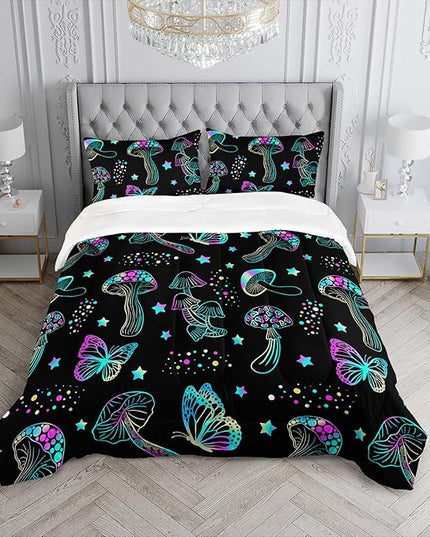 Colorful Mushroom Comforter Set Queen Size Kids Mushroom Butterfly Bedding Set Star Quilt Bed Set for Boys Girls Adults with 1 Comforter and 2 Pillowcases - LeafyLoom