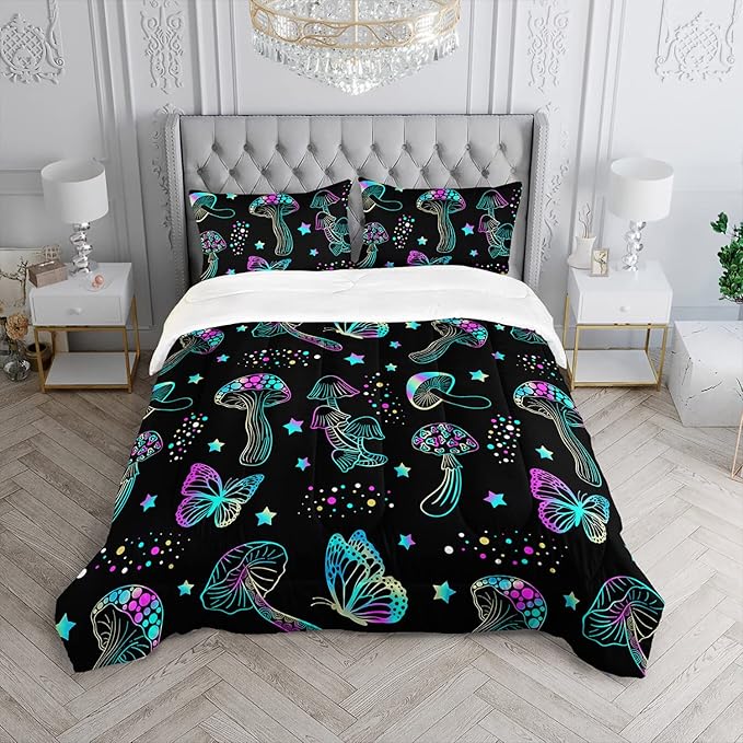 Colorful Mushroom Comforter Set Twin Size Kids Mushroom Butterfly Bedding Set Star Quilt Bed Set for Boys Girls Adults with 1 Comforter and 2 Pillowcases - LeafyLoom