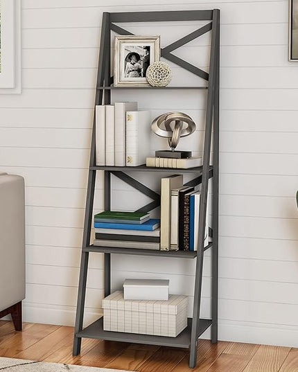 Lavish Home 4-Tier Ladder Bookshelf - Freestanding Shelved Bookcase with X-Back Frame and Leaning Look - Display Shelves for Home and Office (Gray) - LeafyLoom