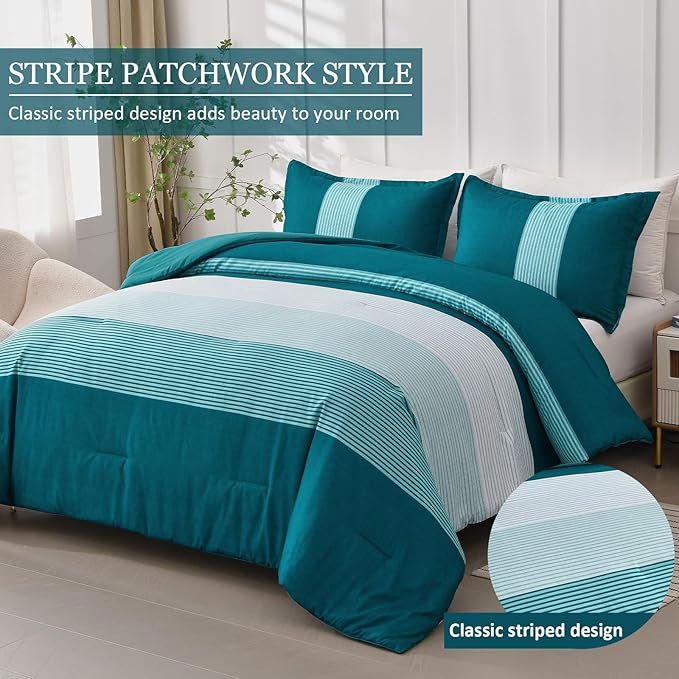 WONGS BEDDING Comforter Set King, Reversible Teal Blue Striped Patchwork Down Alternative Comforter for King Bed,3 Pieces (1 Comforter+2 Pillowcases), Soft Microfiber Bedding Set 104"×90" - LeafyLoom