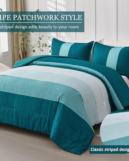 WONGS BEDDING Comforter Set Queen, Reversible Teal Blue Striped Patchwork Down Alternative Comforter for Queen Bed,3 Pieces (1 Comforter+2 Pillowcases), Soft Microfiber Bedding Set 90"×90" - LeafyLoom