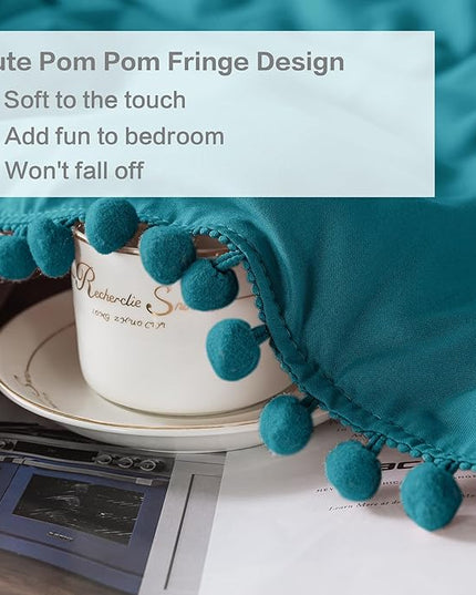 Litanika Queen Size Comforter Set Turquoise,3 Pieces Turquoise Boho Pom Pom Lightweight Bed Comforter, All Season Soft Solid Color Bedding Comforter Sets (1 Comforter 90x90 Inch, 2 Pillowcases) - LeafyLoom